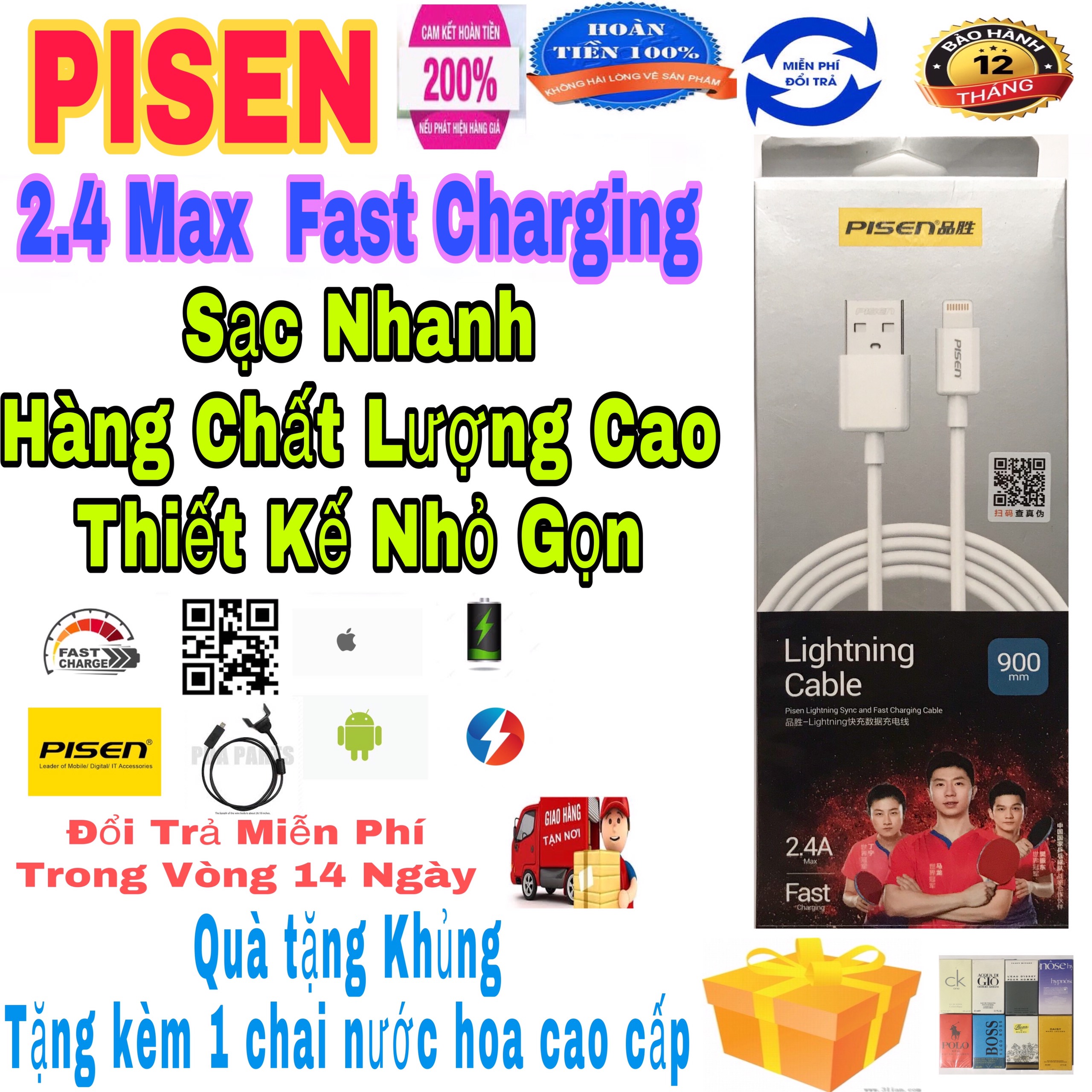 Cáp sạc iPhone Pisen 1A dùng cho iPhone 5s, 6, 6p, 6s, 6sp, 7, 7p, 8, 8p, X, Xs, Xsm. Bảo hành 1 đổi 1 trong vòng 12 tháng các lỗi về kĩ thuật.