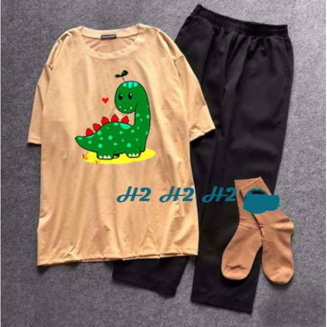 [HAN HAN SHOP 190] Bộ Đồ Nữ Mặc Đi Chơi Phối Sét Dự Tiệc, Mặc Ở Nhà Hè, Áo Phông Khủng Long Cotton Kèm Quần Jogger Kaki
