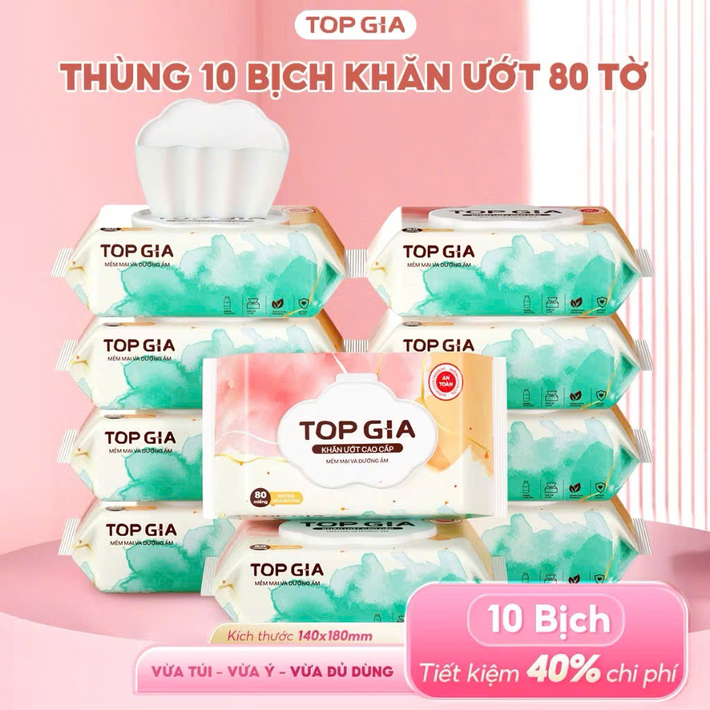 Thùng 10 bịch Khăn ướt cao cấp Topgia 80 tờ mềm mại, Khăn giấy ướt không mùi, tiết kiệm, an toàn cho mọi làn da
