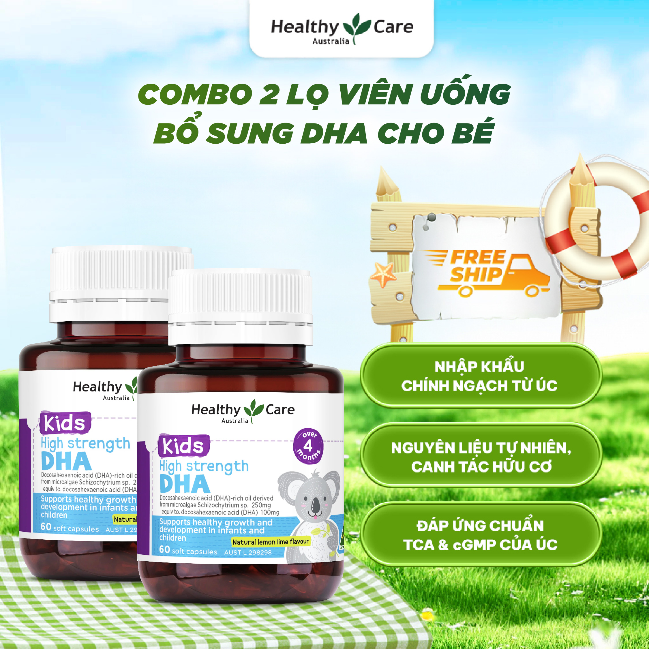 Combo Healthy Care Viên Uống Bổ Sung DHA Cho Bé High Strength 250mg 60 Viên Hỗ Trợ Phát Triển Trí Não Và Thị Lực Từ 4 Tháng Đến 12 Tuổi