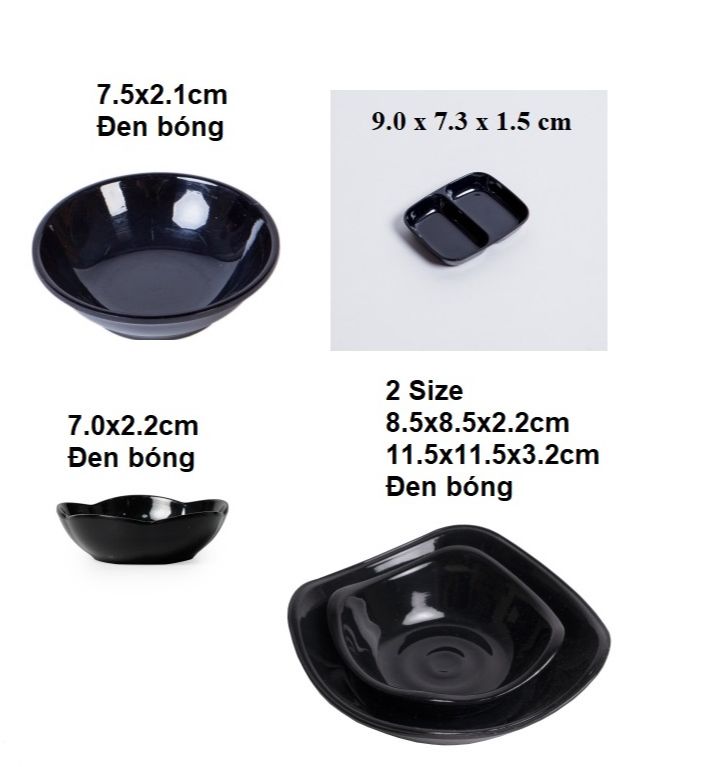 Bộ 10 chén nước chấm tương ớt, tiêu nhựa Melamine đen nhiều Size