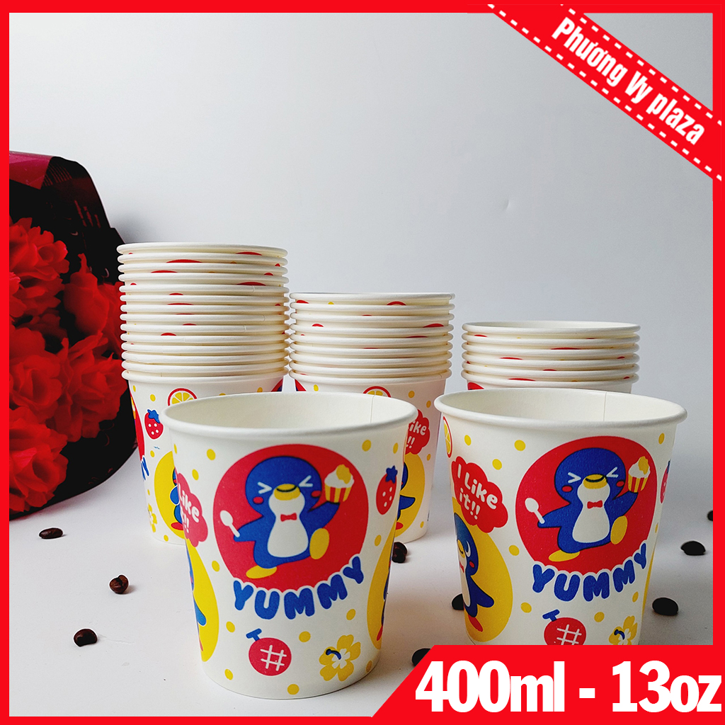 50 chiếc tô giấy 400ml kèm nắp họa tiết yummy đựng cháo, chè, kem
