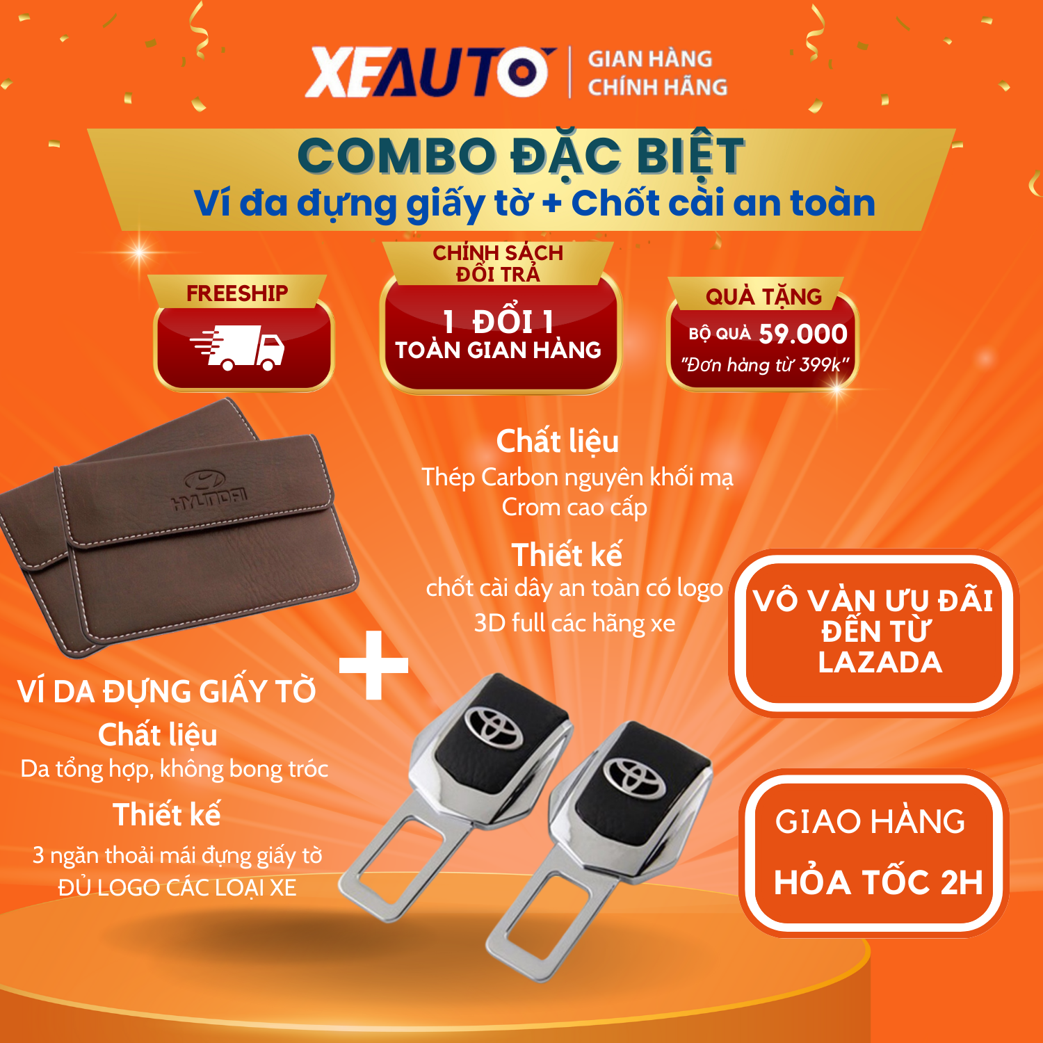 Combo đặc biệt chốt cài dây an toàn ô tô kèm ví da đựng giấy tờ – loại cao cấp có logo đầy đủ các hãng xe
