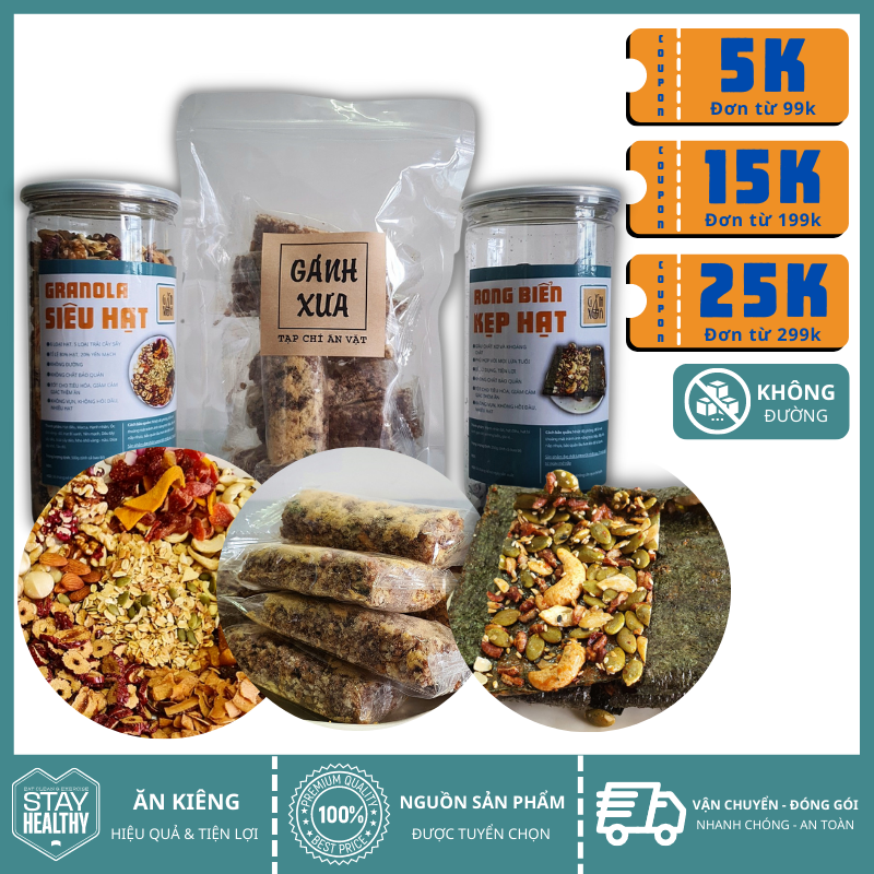 Combo Rong biển kẹp hạt 250gr + Granola siêu hạt 500gr + Thanh gạo lứt 300g Gánh Xưa, giảm 5%, ăn vặt văn phòng, hỗ trợ giảm cân, ăn vặt lành mạnh, healthy, eatclean, ăn thô, giao hành nhanh
