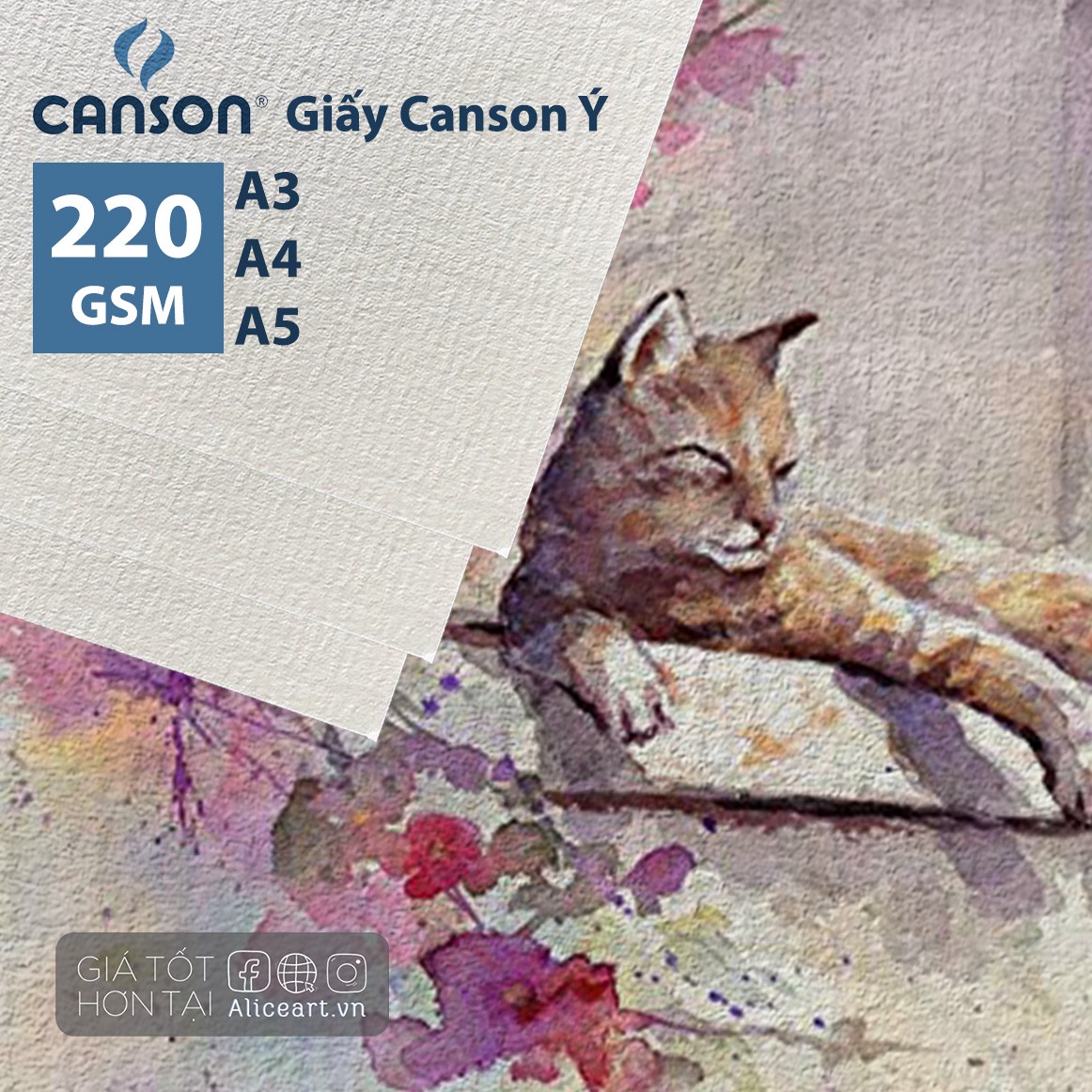 Giấy vẽ màu nước, gouache CANSON Ý Truyền Thống 220gsm vân ngang Rẻ