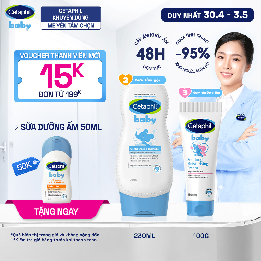 Combo 2 bước Sữa tắm gội dịu lành 230ml + Kem dưỡng ẩm làm dịu đa năng Cetaphil Baby 100Gr