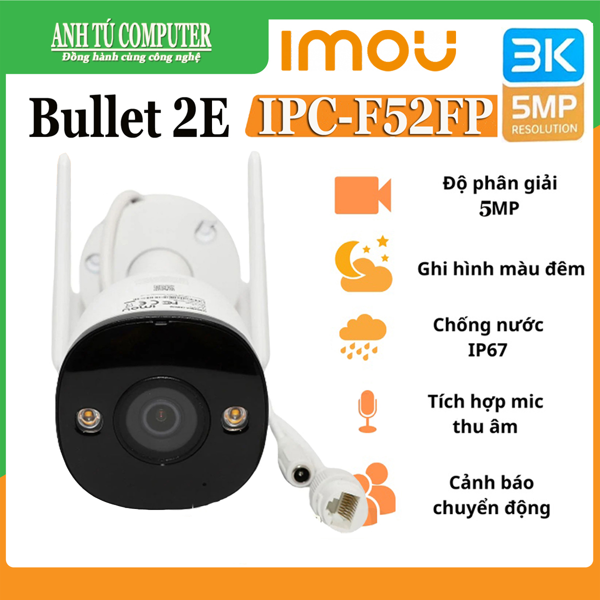 Camera IP Wifi 5MP 3K ngoài trời IMOU BULLET 2E F52FP