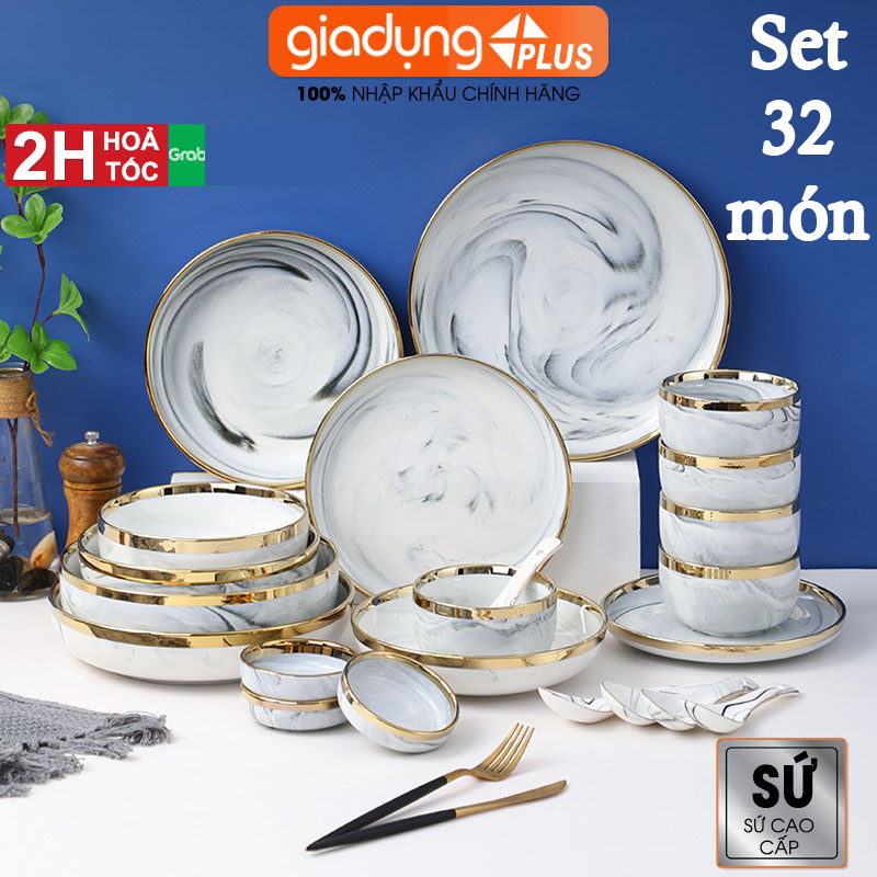 Bộ bát đĩa chén sứ 32 món viền vàng cao cấp phong cách bắc âu, bộ bát đĩa sứ dành cho 6 người ăn gốm sứ cao cấp