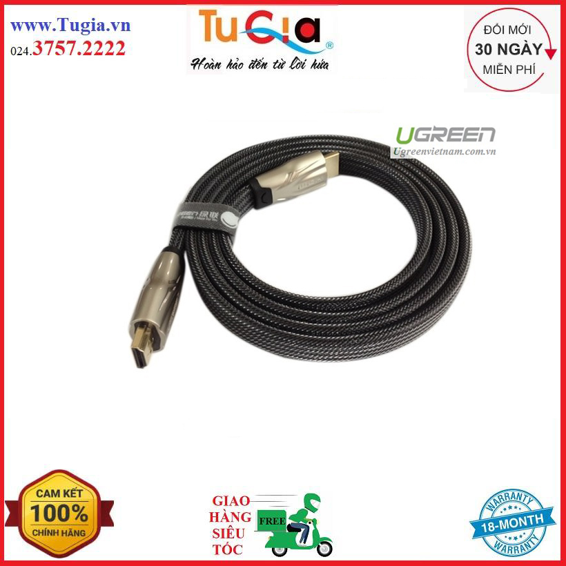 Cáp hdmi 2m dẹt bọc lưới chống nhiễu, hỗ trợ 3d, 4k ugreen ug-10252-hàng chính hãng