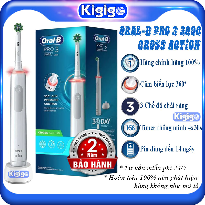 Bàn chải điện oral b pro 3 3000 cross action - bàn chải đánh răng điện oral b chính hãng máy đánh răng tự động kigigo