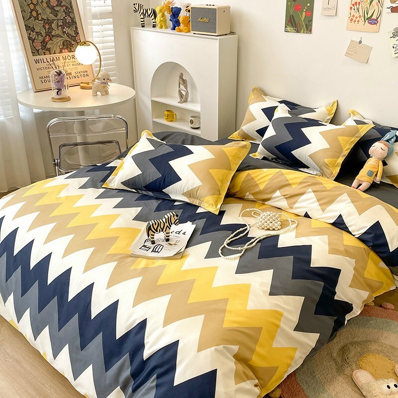 Trọn bộ 4 món cotton poly nhập mẫu thổ cẩm xanh vàng dễ thương,đáng yêu