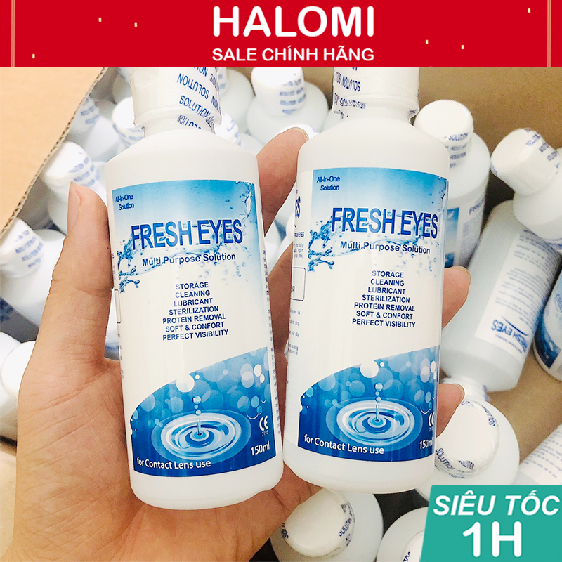 Nước ngâm lens và nhỏ mắt fresh eyes nước rửa lens chai lớn 150ml, nước nhỏ, dụng cụ đeo lens chuyên dụng halomi store