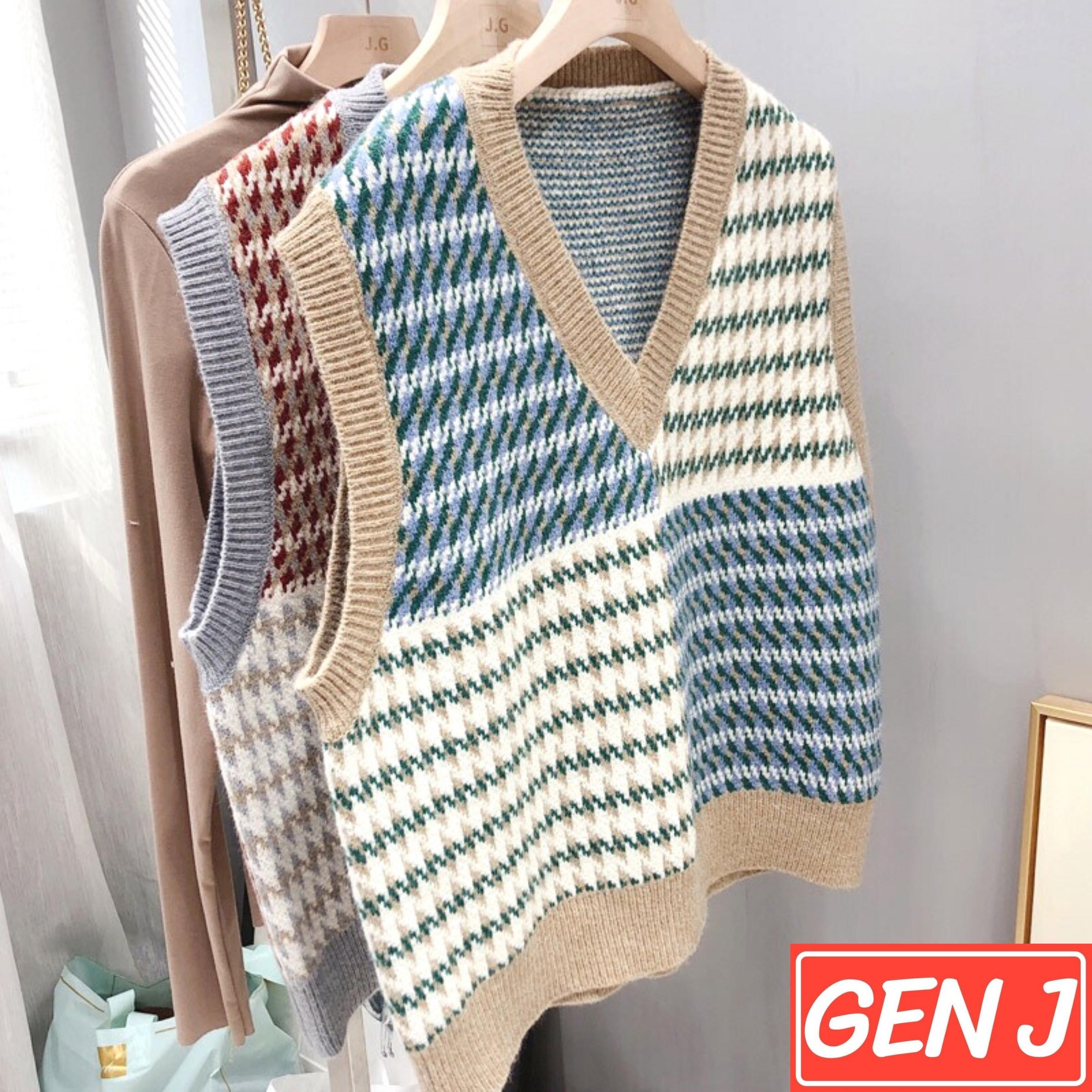 Áo gile nữ Hàn quốc, Áo ghi le len nữ thổ cẩm họa tiết ziczac siêu xinh - Gen J