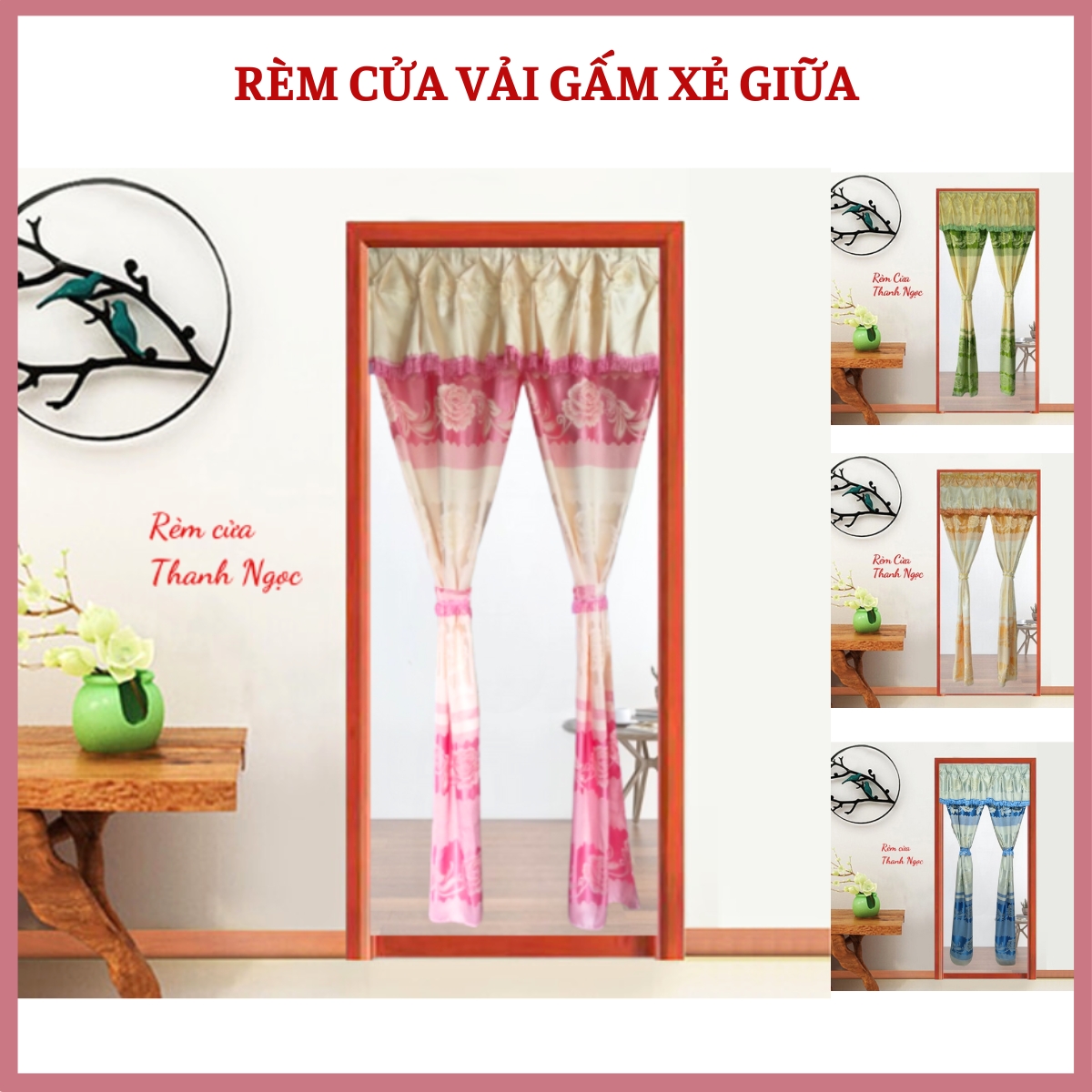 Rèm cửa thanh ngọc vải gấm thêu hoa văn may xẻ giữa nhiều màu