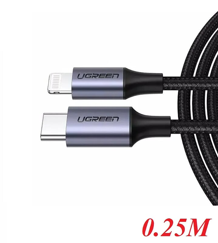 Ugreen 60758 25cm cáp usb type c ra lightning bọc nhôm chống nhiễu 0.25m màu đen US304