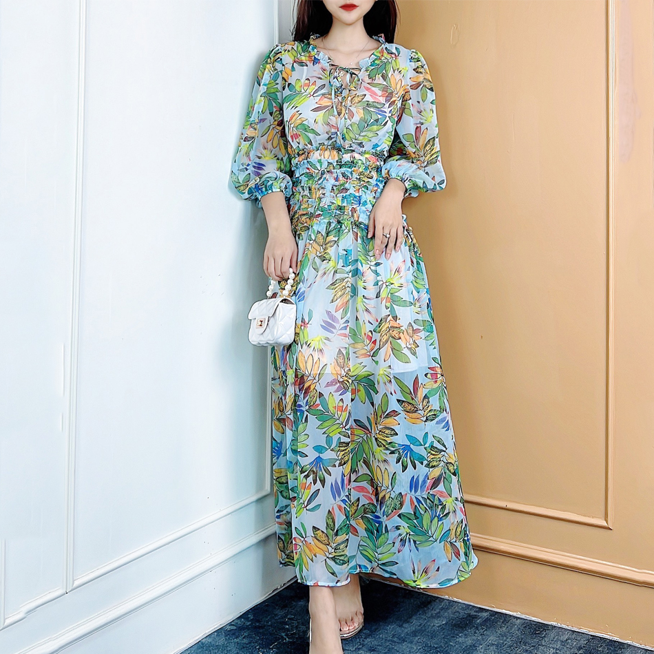 Đầm maxi nữ hoa tay dài nhún eo mimix co6225