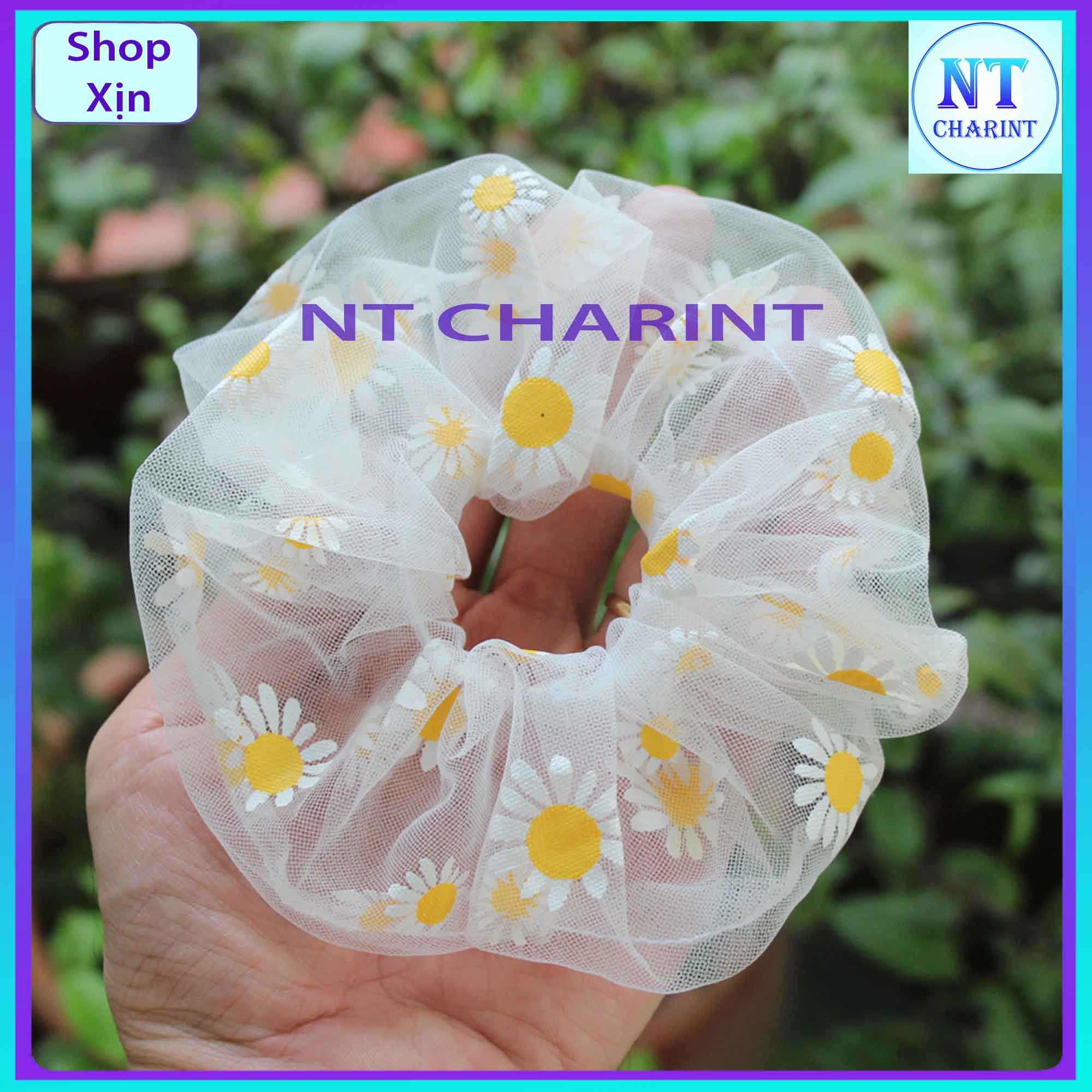 Cột buộc tóc vải lưới hoa Cúc xinh xắn cột tóc scrunchies vải lưới trắng