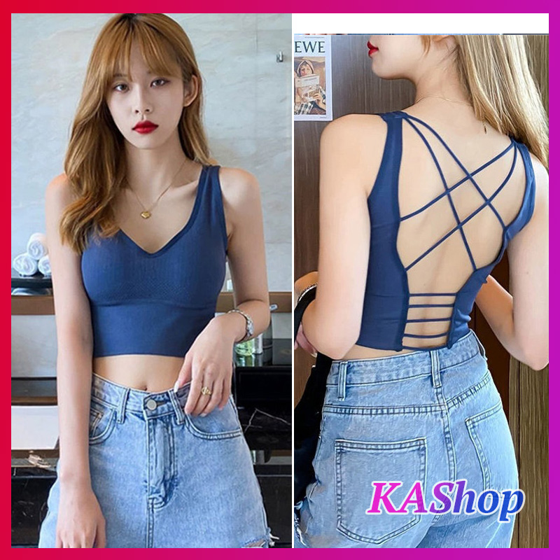 HCM Áo tập gym dáng dài chéo dây lưng quyến rũ - Áo bra hở lưng - KAShop fs