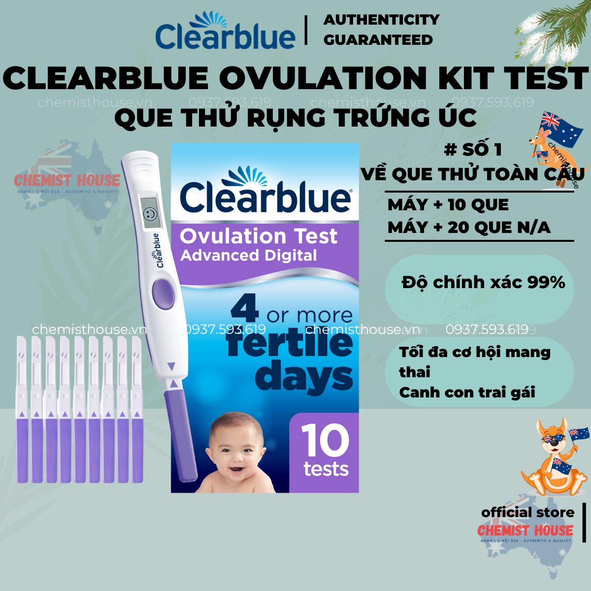 Hộp 10 que thử test rụng trứng úc clearblue úc nhanh hiệu quả tới 99% - advanced digital ovulation kit test chính hãng