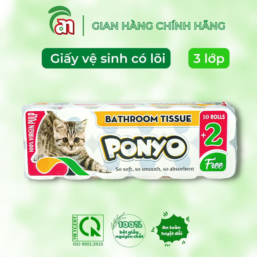 Giấy vệ sinh cuộn nhỏ có lõi thấm hút tốt PONYO 3 lớp cao cấp 12 cuộn/lốc Con Mèo - Thiên An Nam paper