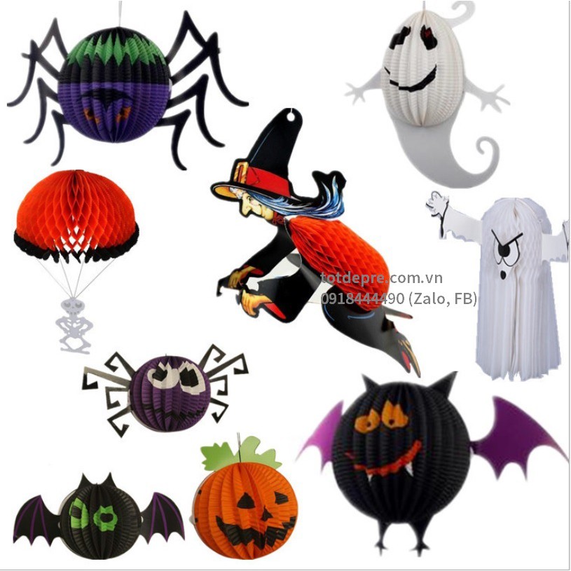 Đèn lồng giấy xếp Dây treo trang trí halloween hình phù thủy, con dơi, ma treo
