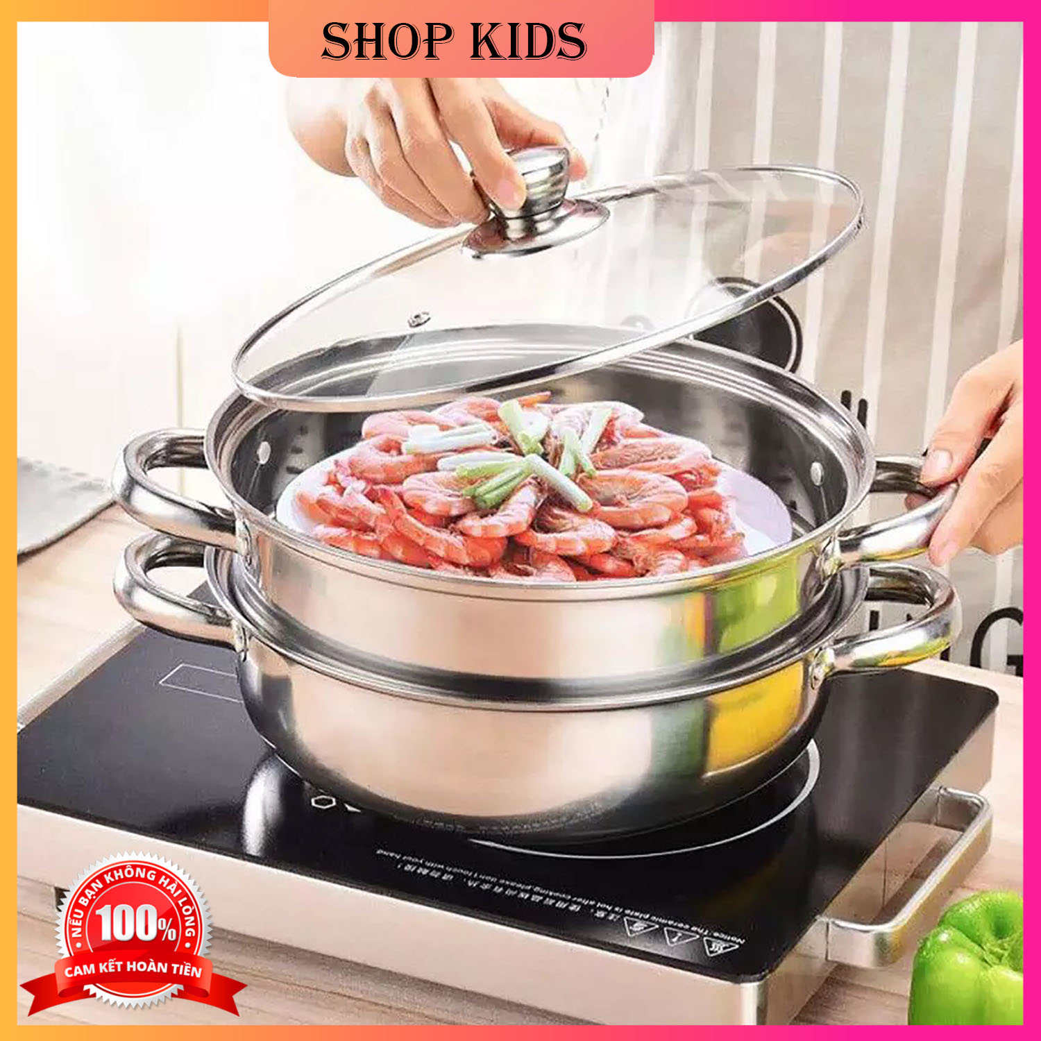 Nồi hấp inox 2 tầng vung kính - nồi hấp cách thủy đa năng - size 28 cm, dung tích 1,6l