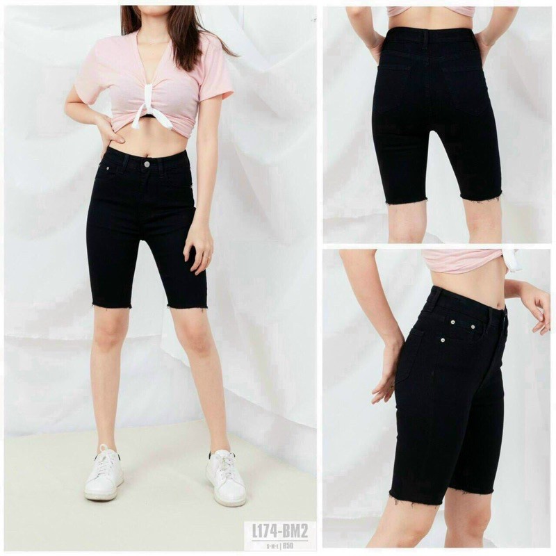 Quần jean ngố tua lai màu đen chất jean co giãn