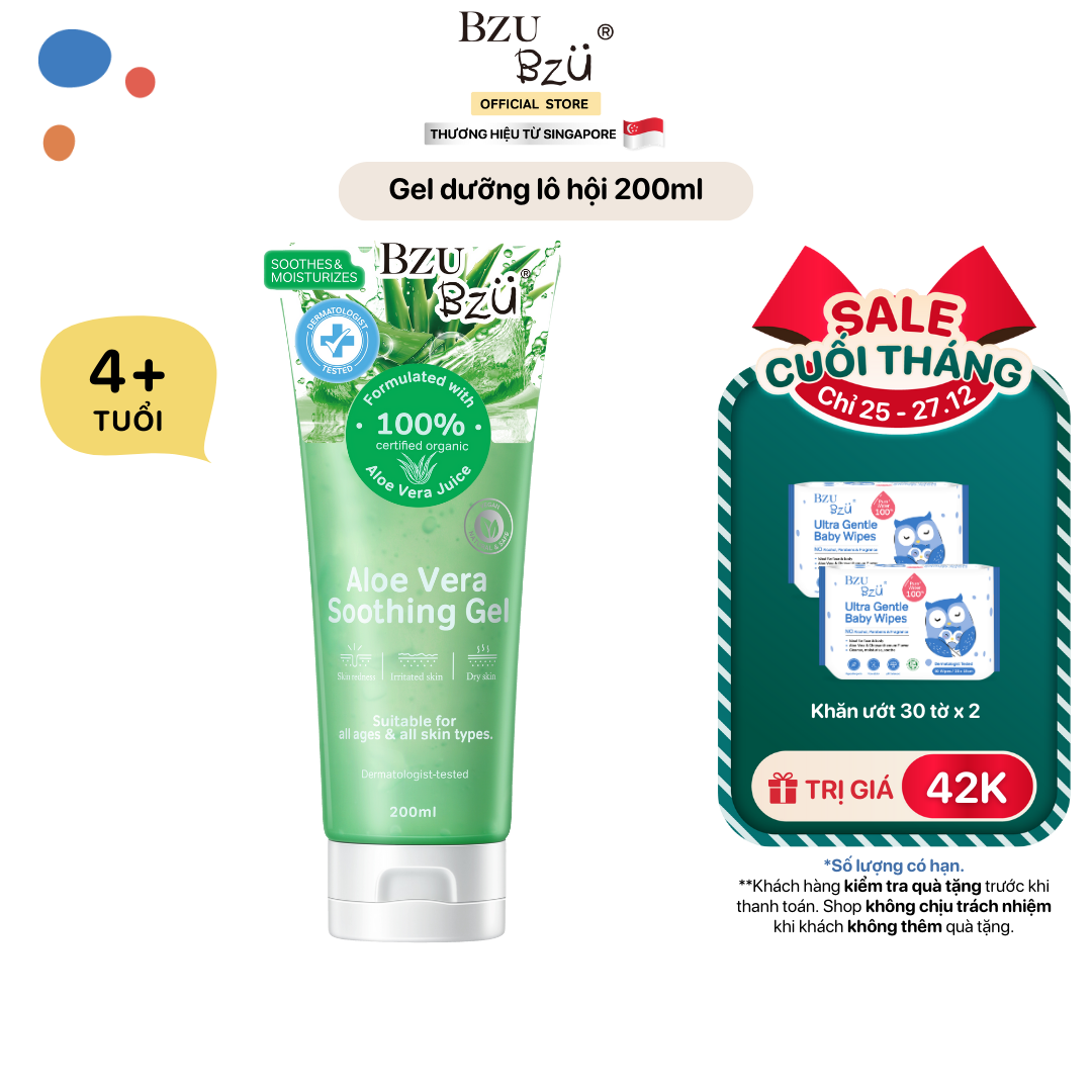 Gel Dưỡng Lô Hội BZU BZU Aloe Vera Gel Giúp Làm Dịu Và Cấp Ẩm Cho Da Bé Chai 200ml