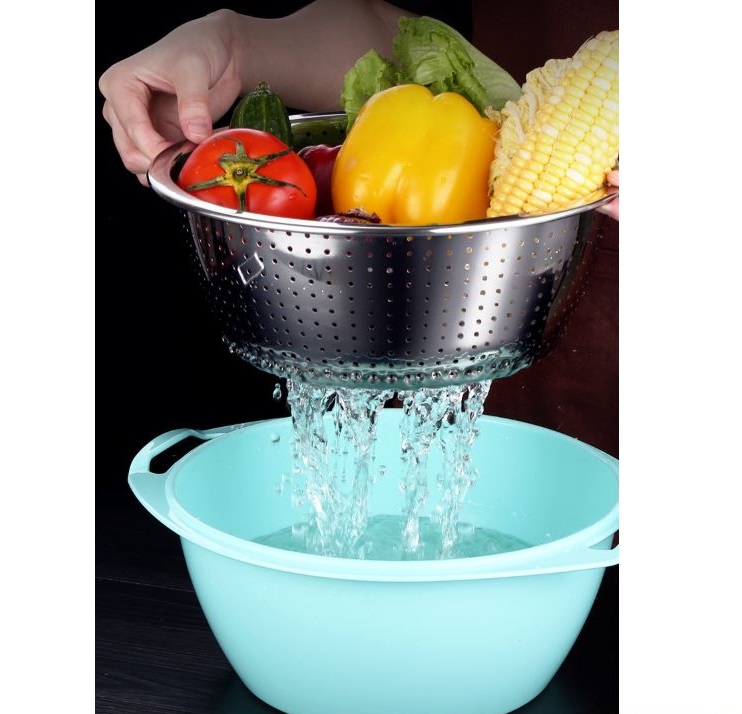 Bộ Thau Rổ rửa củ quả tiện lợi ( Rổ Inox 304  Thau Nhựa  ) - 24x8cm ( ĐK : 20cm )