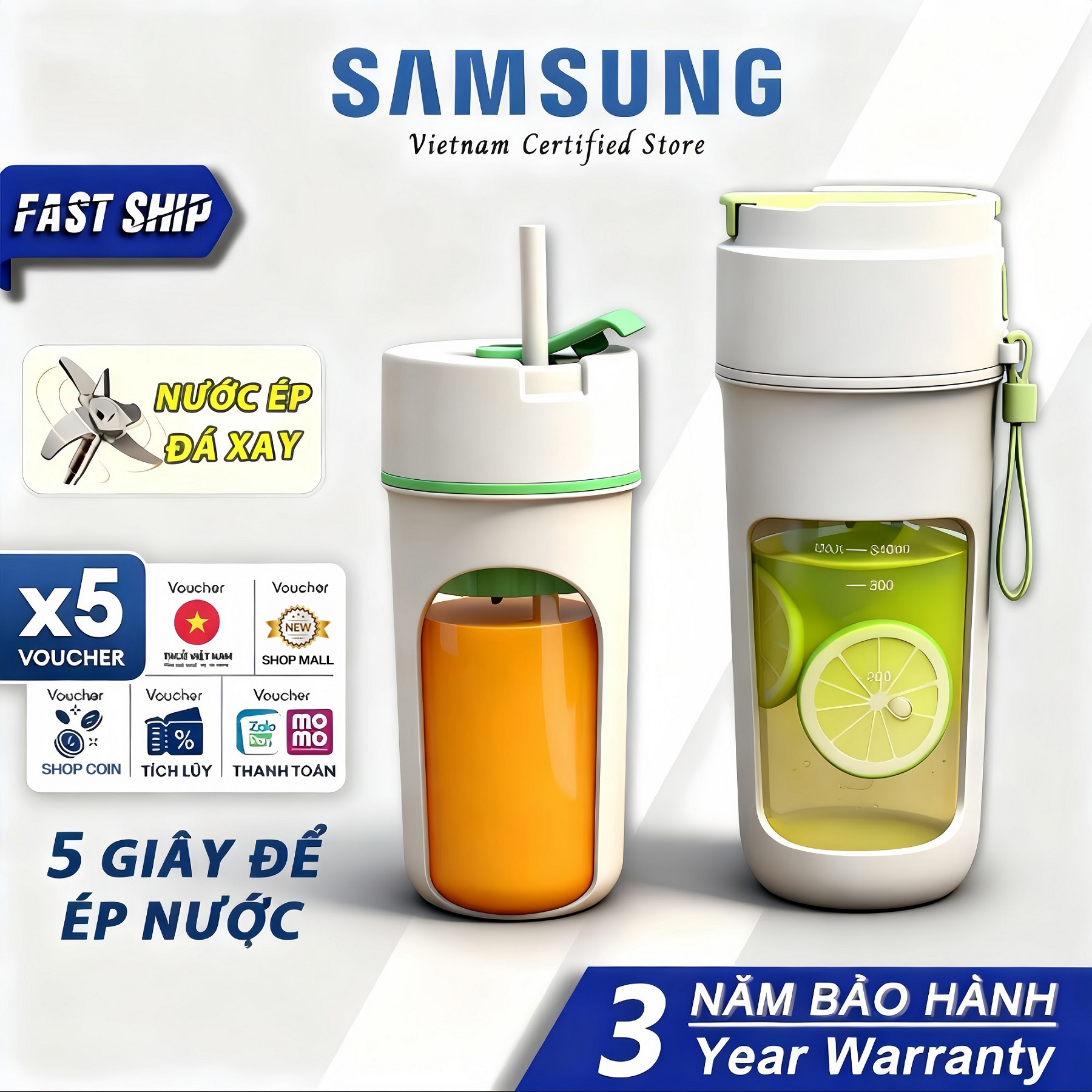 Bảo hành 3 năm / Máy Xay Sinh Tố Cầm Tay 480ML CD2A00 10 Lưỡi Dao Ống hút uống/Dây đeo tay