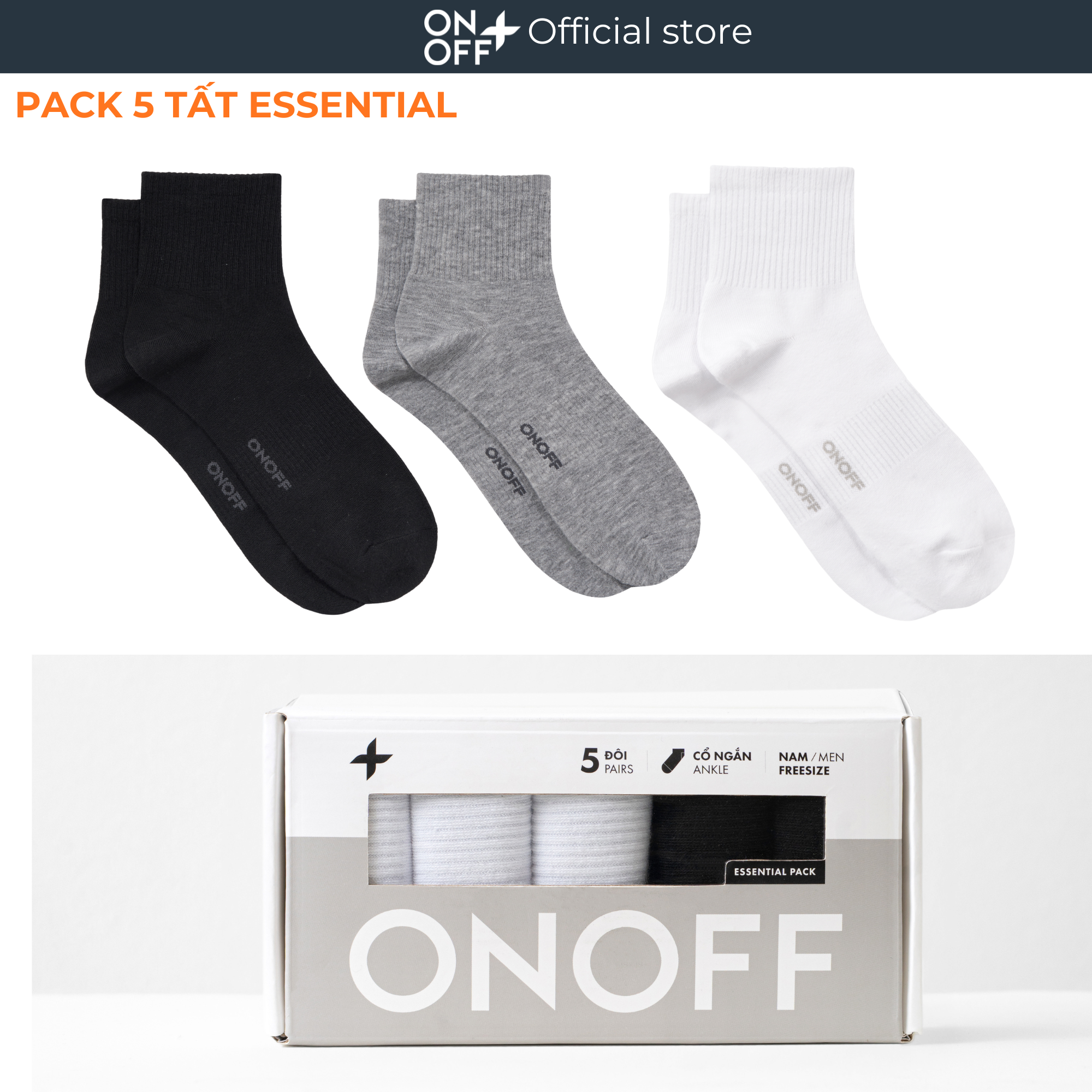 Pack 5 đôi tất nam cổ ngắn cotton kháng khuẩn khử mùi thấm hút nhanh đóng hộp ONOFF - 18AE25A487