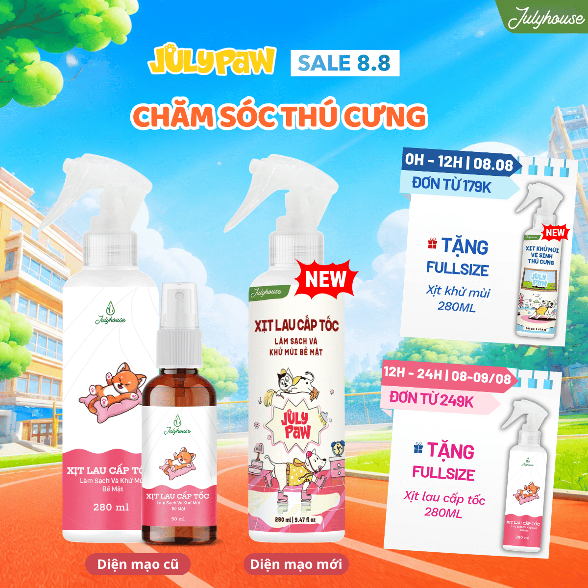 Nước lau sàn cấp tốc dạng xịt khử khuẩn khử mùi chó mèo 280ml JULYHOUSE kết hợp tinh dầu Oải Hương,Khuynh Diệp, Sả Chanh