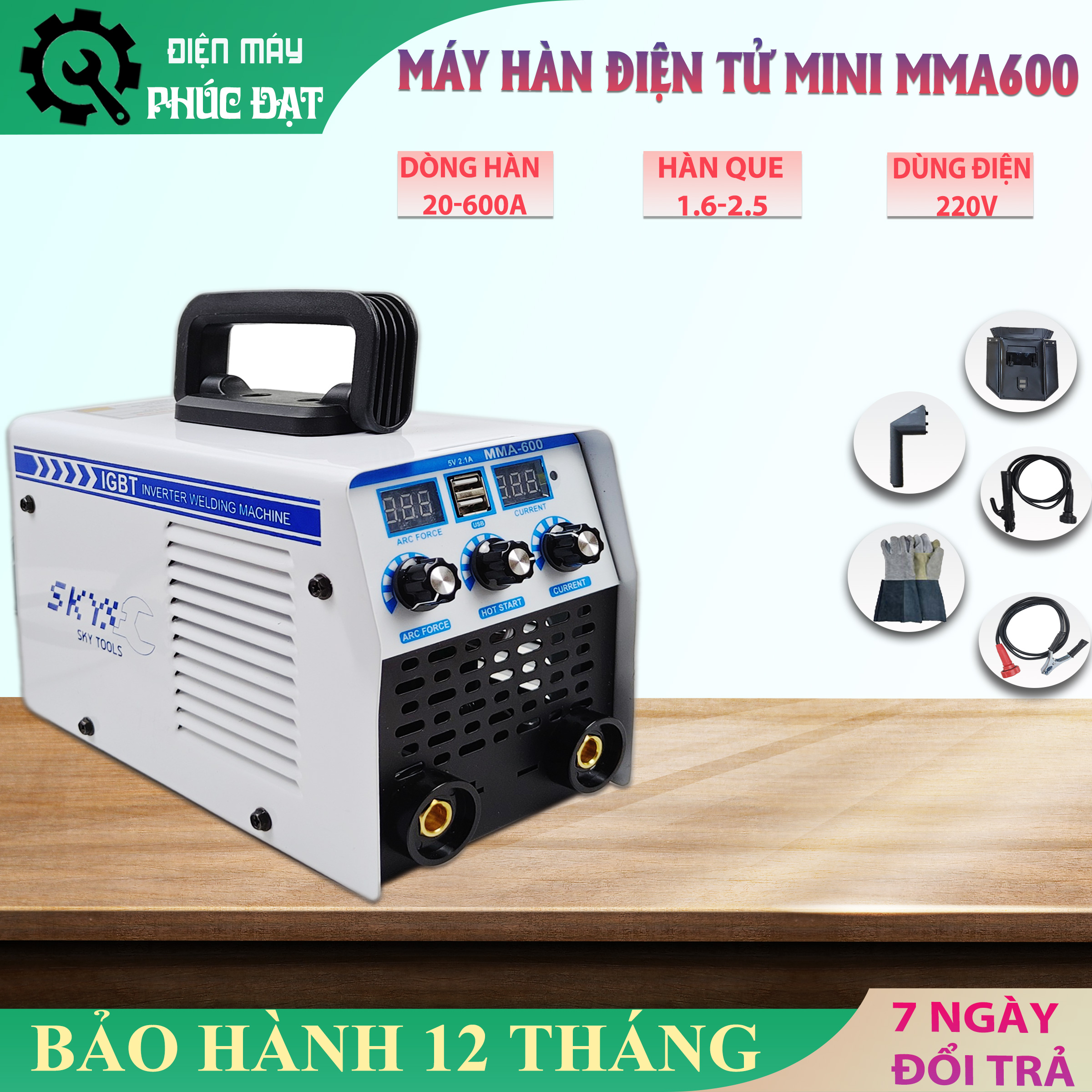 Máy hàn điện tử mini siêu nhỏ MMA600,máy hàn que tặng gang tay và que hàn chính hãng100% lõi đồng - Tích hợp sạc điện