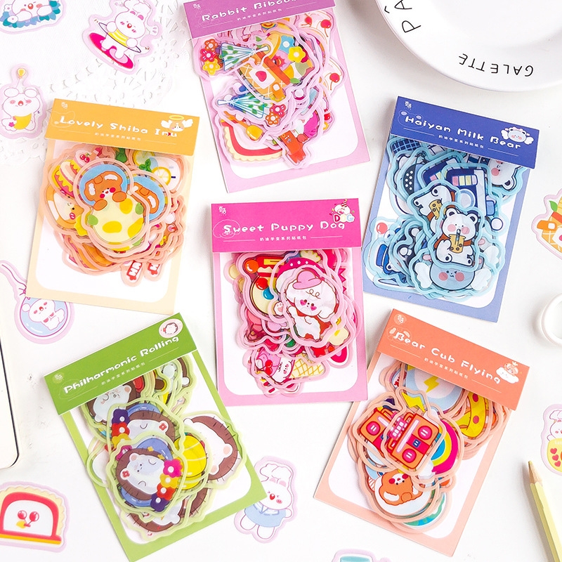 Set 40 miếng sticker hoạt hình họa tiết thú cưng trang trí sổ tay, Bộ 40 hình dán đáng yêu Túi 40 miếng cartoon sticker dán sổ lưu niệm