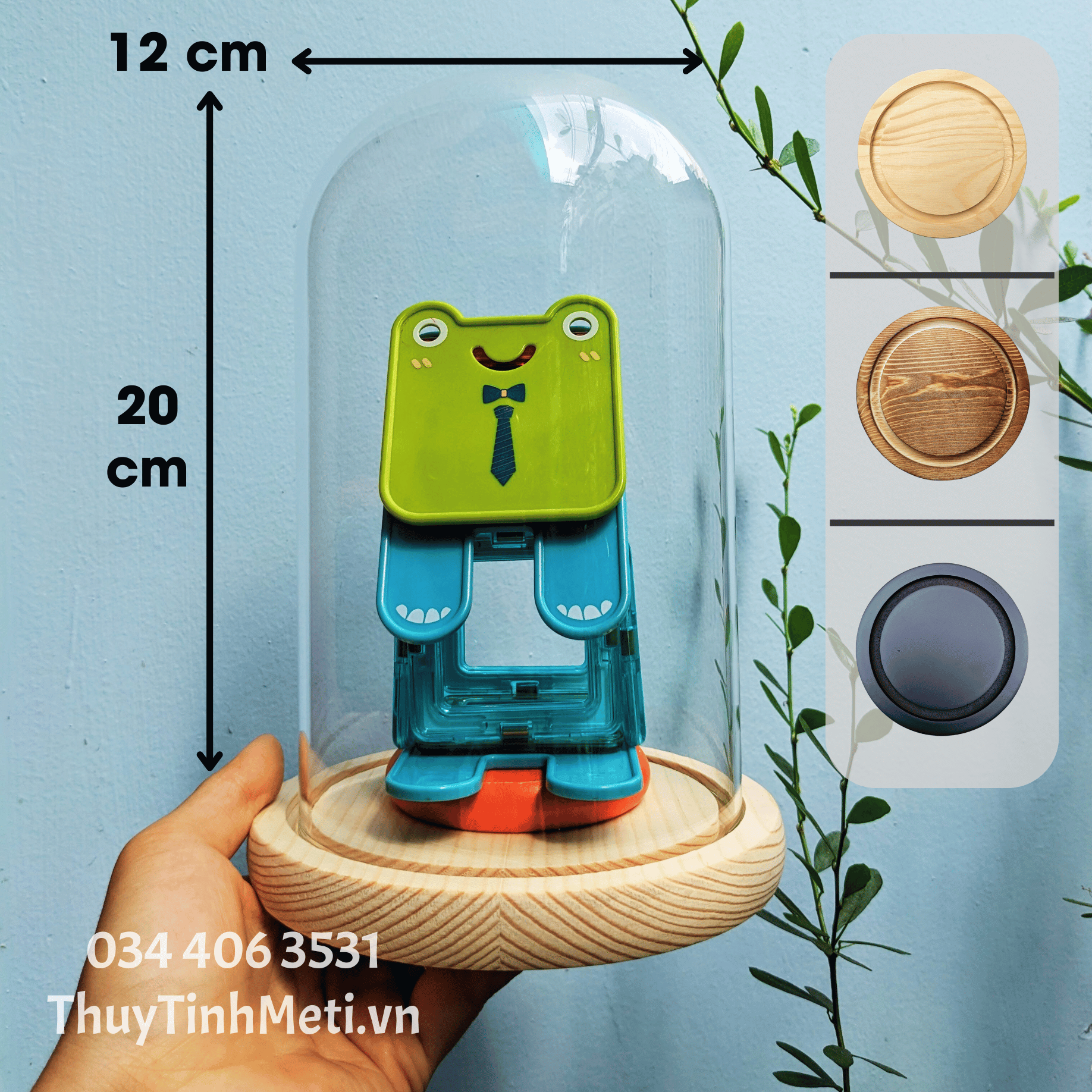 Chụp thủy tinh đế gỗ trang trí kích thước 12x20 - Thủy Tinh Meti - ThuyTinhMeti.vn
