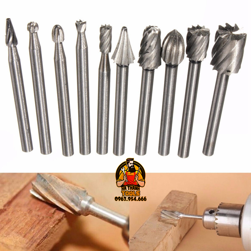 Bộ 10 mũi mài khắc làm lũa gỗ cán 3mm - chất liệu thép hss chuyên dụng