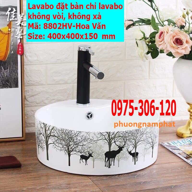 Chậu rửa mặt lavabo Đặt Bàn Đá 8802HV-HOA VĂN CON HƯƠU thương hiệu NA.GRAND, men NANO trắng sáng chống ố chống bám bẩn Phương Nam Phát