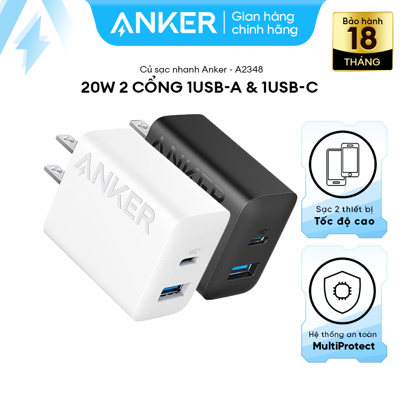 Củ sạc nhanh Anker - 20W 2 cổng 1USB-A & 1USB-C - A2348