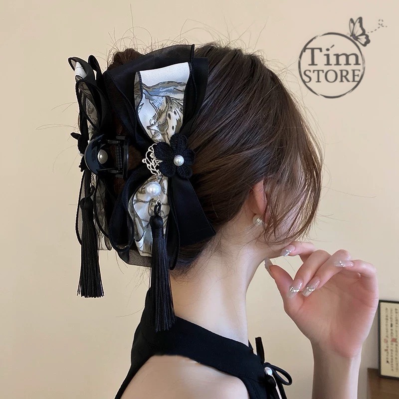 Dây cột tóc nơ voan ngọc trai giả TIMSTORE, chun buộc tóc nơ to thời trang phong cách hàn quốc