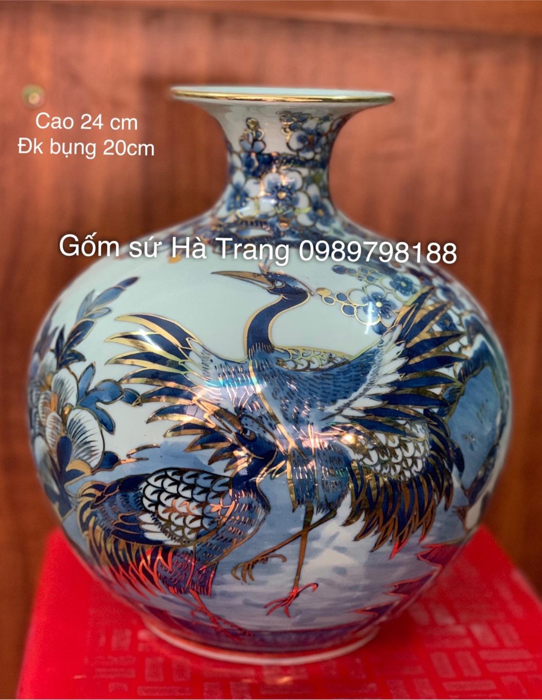 Bình hút tài lộc size nhỏ cao 24cm gốm sứ Bát Tràng cao cấp vẽ vàng 24k hoạ tiết công đào