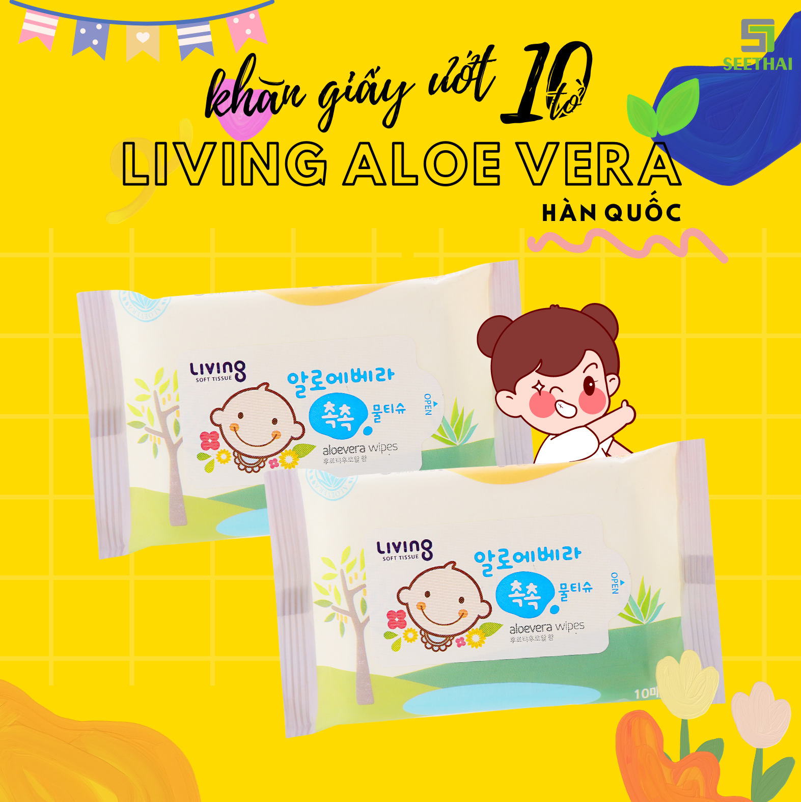 Khăn giấy ướt LIVING Hàn Quốc 10 tờ không cồn khăn giấy bỏ túi