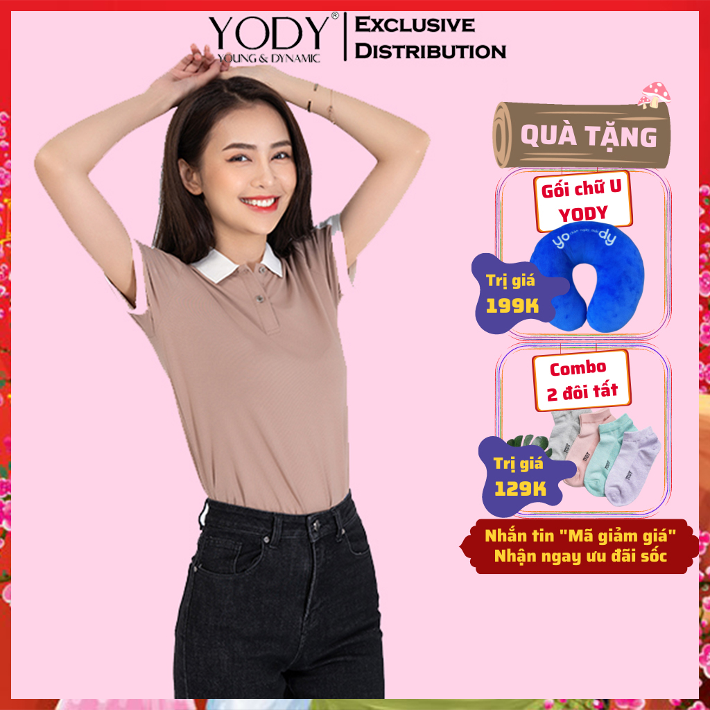 Áo thun Polo nữ YODY cổ bẻ phối vai cá tính chất vải cotton thoáng mát APN4000