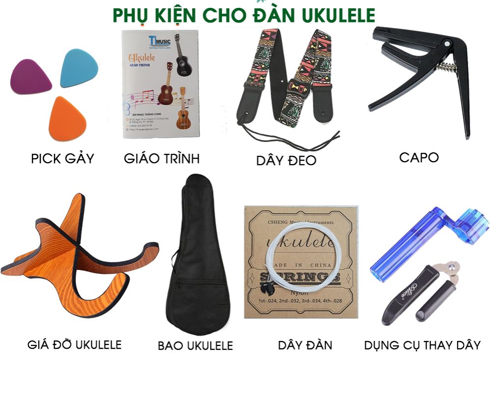 Phụ kiện cho đàn ukulele (gt, dây đàn, dụng cụ thay dây, bao đựng, capo , pick gảy , dây đeo, giá để ukulele)