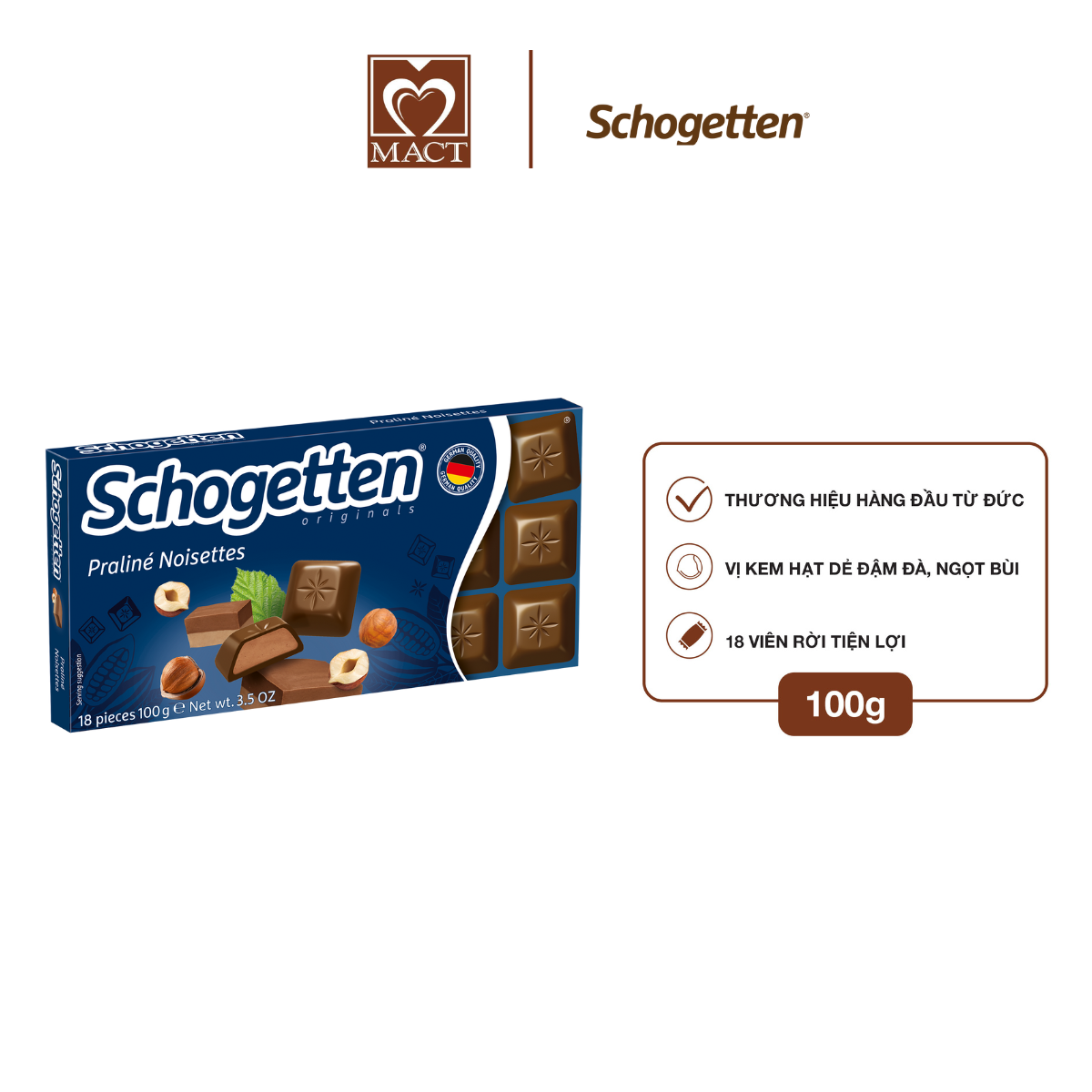  Sôcôla SCHOGETTEN - Vị Kem hạt phỉ Praline Noisettes - thanh 100g gồm 18 viên rời 