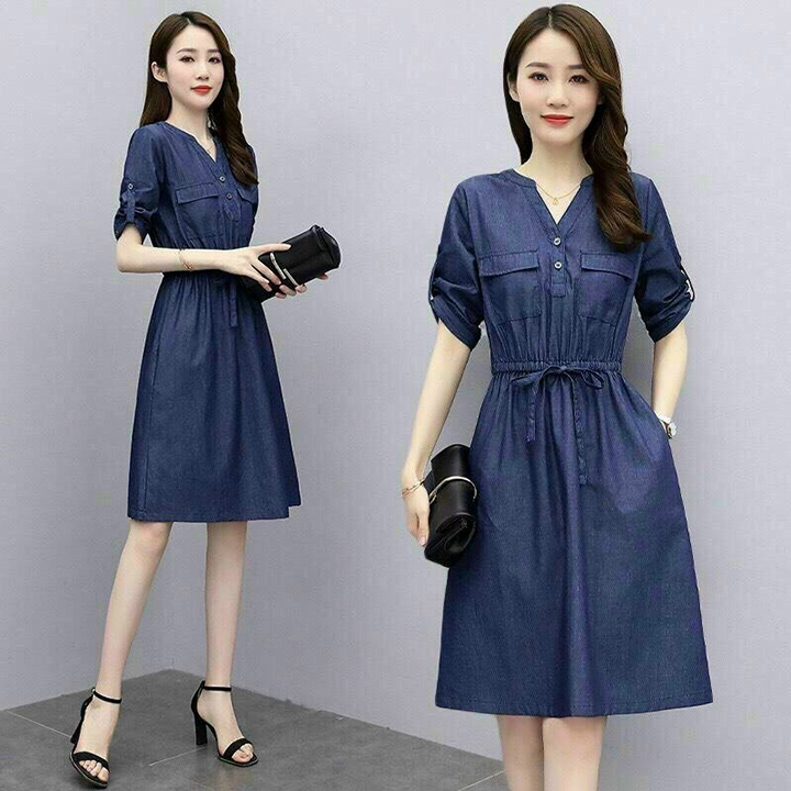 Đầm jean nữ thắt dây eo thời trang