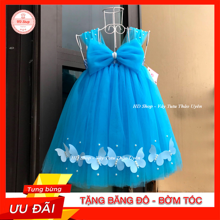Đầm công chúa cho bé gái xanh biển nơ đính bướm