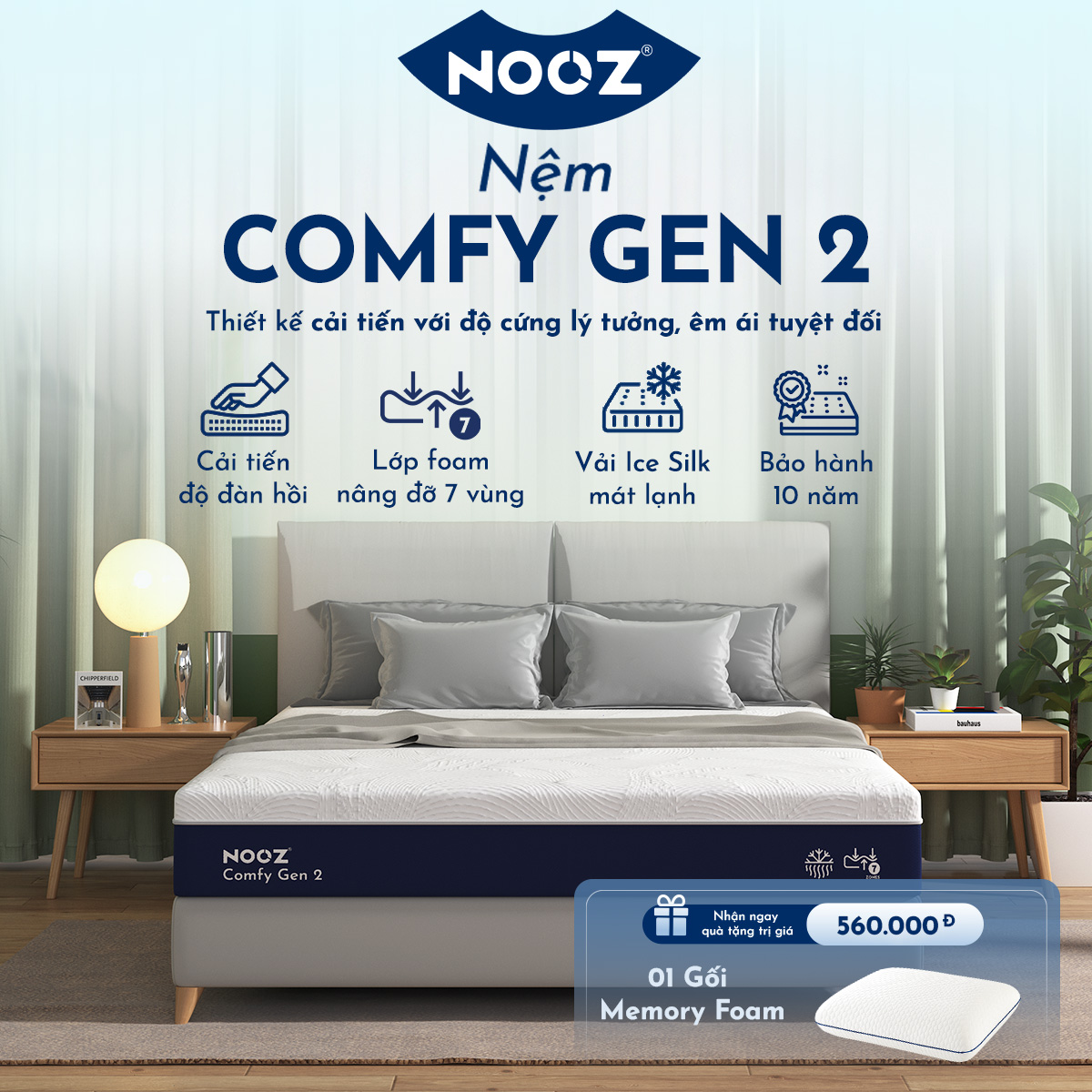 Nệm Foam NOOZ Comfy Gen 2 25cm Đệm Cao Su Thiên Nhiên Và Tầng Foam 7 Vùng Nâng Đỡ NOOZ Home Goods