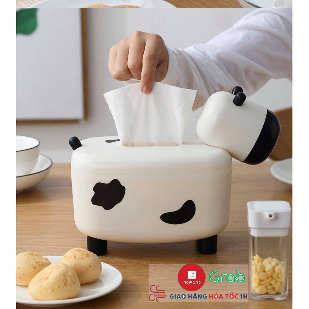 Hộp đựng giấy ăn tích hợp ống đựng tăm hình bò sữa 2in1 siêu cute