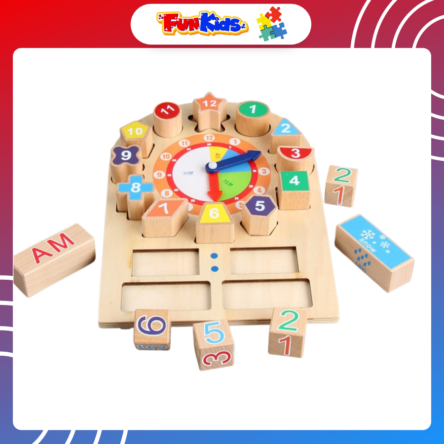 Đồ chơi trẻ em đồng hồ đa năng, học xem giờ, phân biệt hình khối màu sắc bằng gỗ tự nhiên cao cấp cho trẻ từ 2 tuổi trở lên