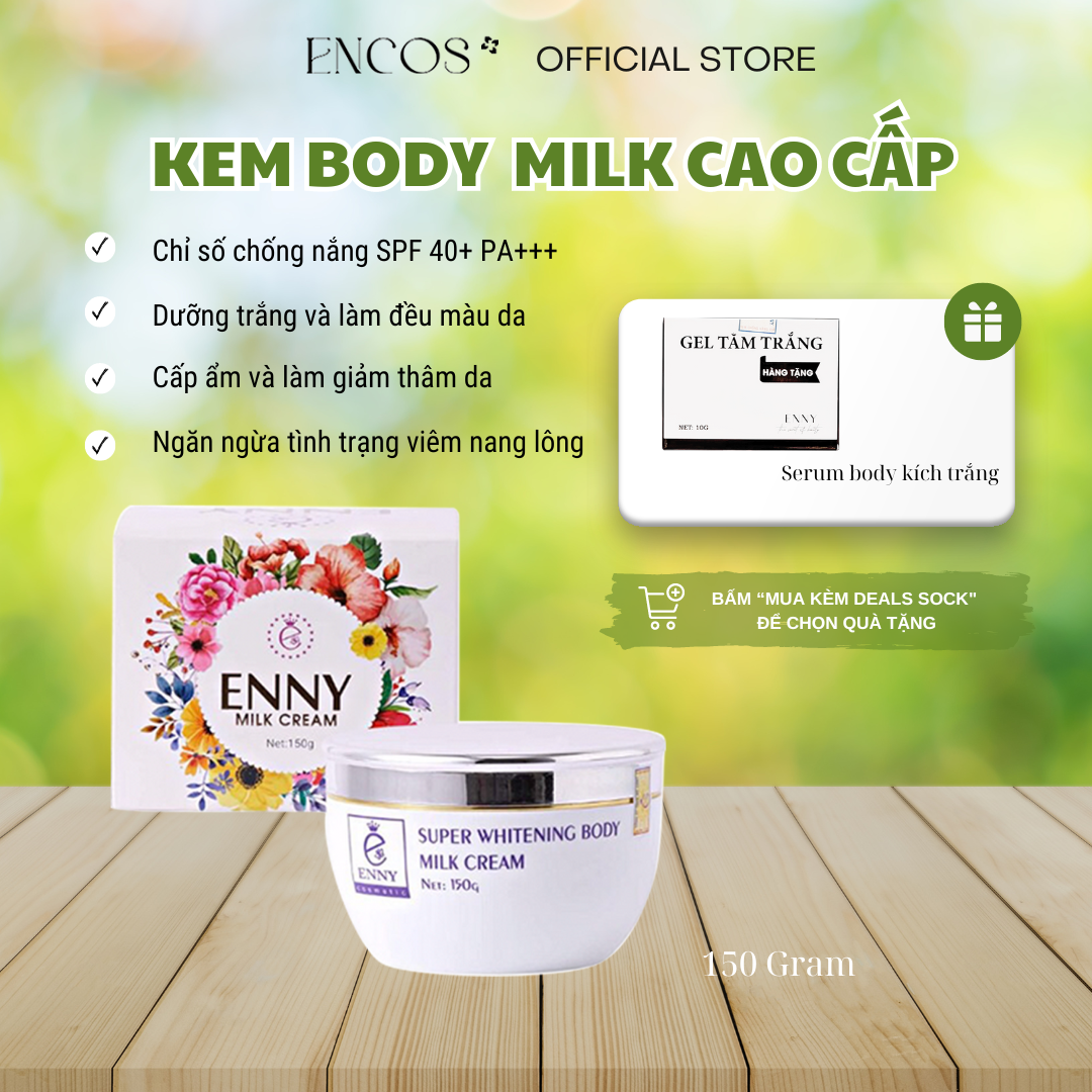 Kem Body Milk ENNY Dưỡng Trắng Da Dưỡng Ẩm Chống Nắng Cao Cấp 150 Gram Tặng Kèm Tẩy Tế Bào Chết Bơ Ginbi